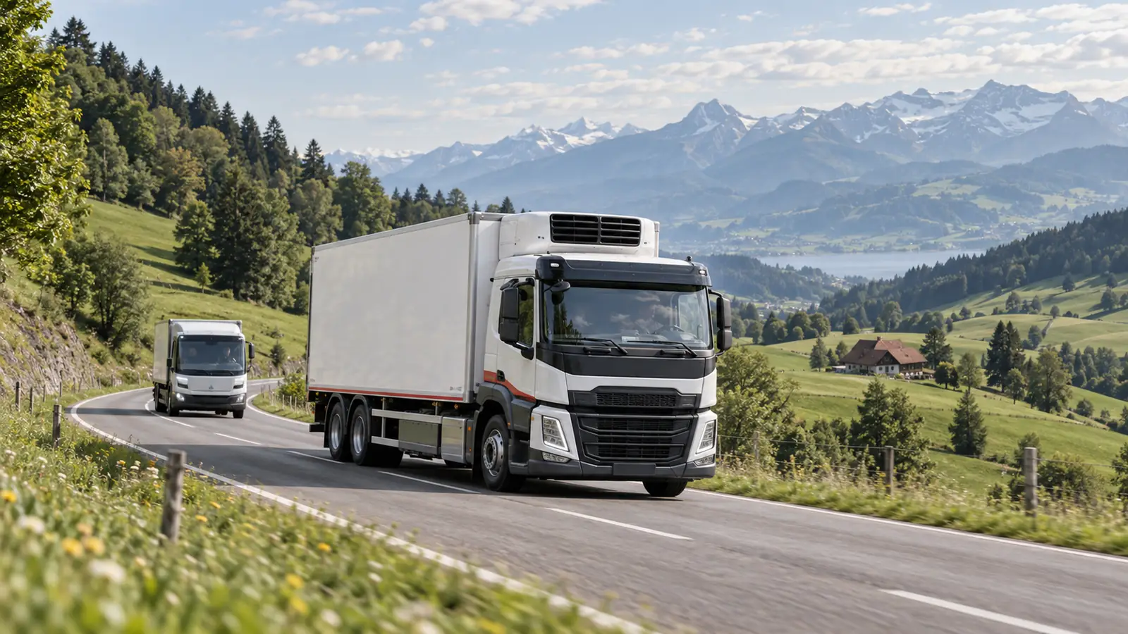 Camion frigorifique sur une route de campagne suisse, second véhicule en arrière-plan