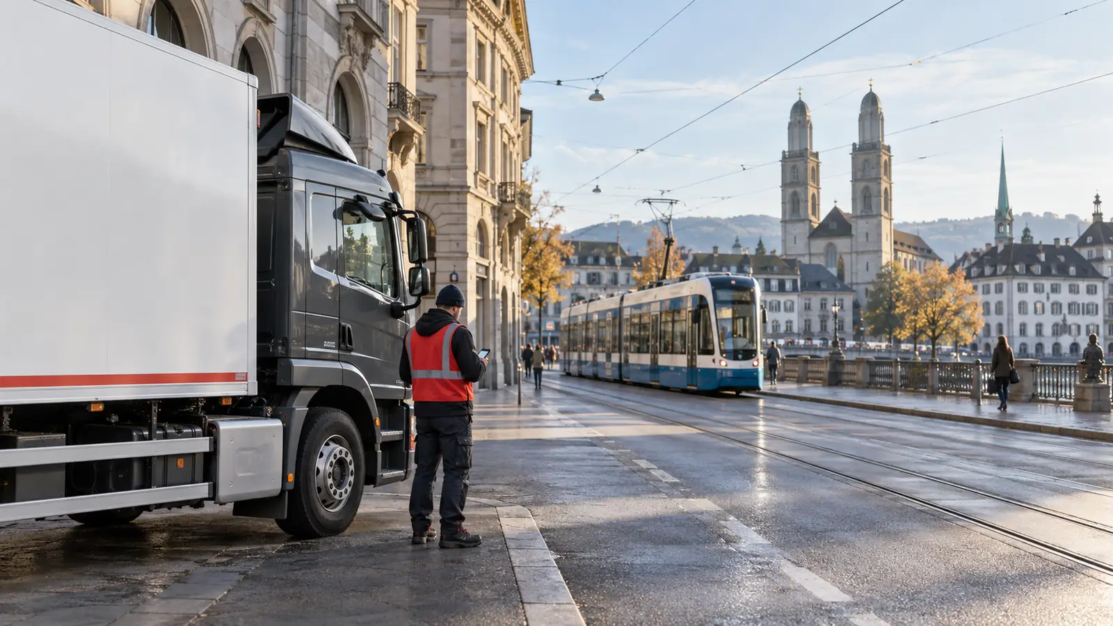 Chauffeur consultant Travia sur mobile devant son camion de distribution dans une ville suisse