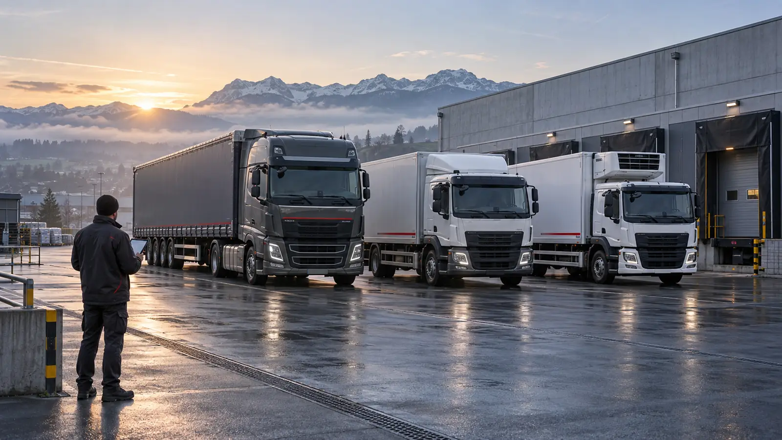 Coordinateur de flotte devant trois camions alignés dans une cour de dépôt suisse